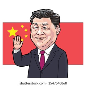 XiJinPing who is the president of China raising his hand to say hello with Chinese flag on the background