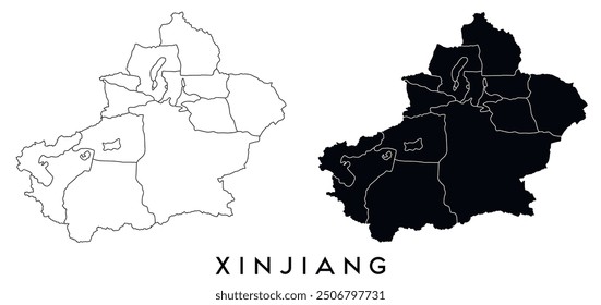 Xinjiang map of regions districts vector black on white and outline