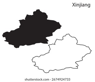 Simples vetor de silhueta mapa de Xinjiang. Limpo esboço preto da região noroeste da China, perfeito para infográficos, viagens e projetos de design