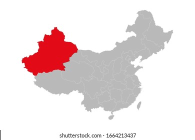 Xinjiang uyghur highlighted on china map. Gray background. Perfect for business concepts, backgrounds, backdrop, poster, sticker, banner, label and wallpaper.