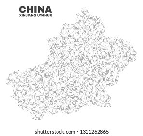 Xinjiang Uyghur Region map designed with small dots. Vector abstraction in black color is isolated on a white background. Scattered small dots are organized into Xinjiang Uyghur Region map.