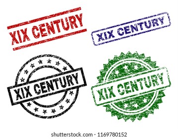 XIX CENTURY seal prints with corroded surface. Black, green,red,blue vector rubber prints of XIX CENTURY caption with corroded texture. Rubber seals with round, rectangle, medal shapes.