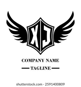 XJ bold shield logo with wings, customizable with letters A to Z. Perfect for brands seeking a powerful symbol of strength, freedom, and ambition