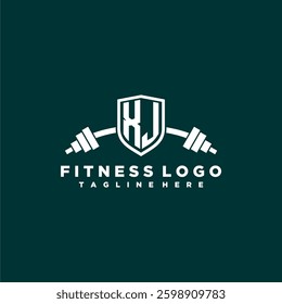 XJ initial monogram for fitnes or gym logo with creative shield and barbell design