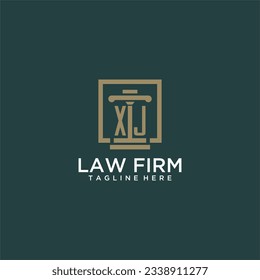 Logotipo de monograma inicial XJ para la firma de abogados con diseño de hitos en cuadrado creativo