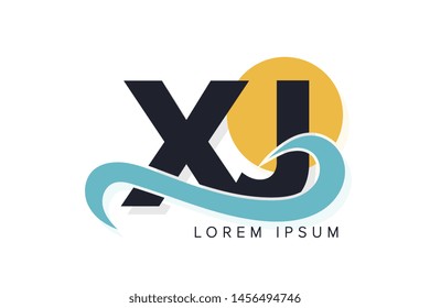 XJ letter logo with ocean waves and sunset. Beach concept design