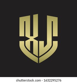 XJ Logo monogram with emblem shield shape design isolated gold colors on black background