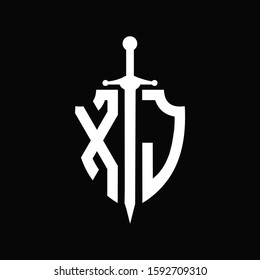 XJ logo with shield shape and sword design template	