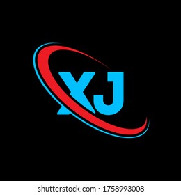 XJ X J letter logo design. Initial letter XJ linked circle uppercase monogram logo red and blue. XJ logo, X J design. xj, x j	