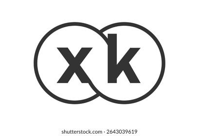 XK business company emblem with outline rounds and letters x k. Logo template of two merged circles for brand identity, logotype. Vector Infinity symbol  and technology sign.