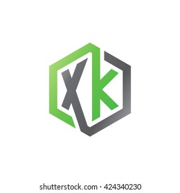 XK initial letters looping linked hexagon logo black gray green