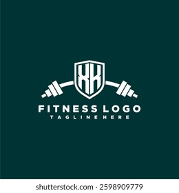XK initial monogram for fitnes or gym logo with creative shield and barbell design