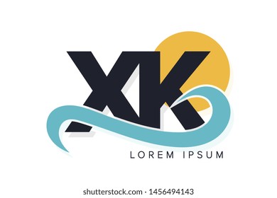XK letter logo with ocean waves and sunset. Beach concept design
