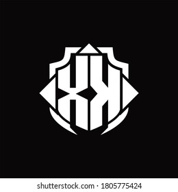 Monograma del logotipo XK con línea de protección y plantilla de diseño de 3 flechas sobre fondo negro