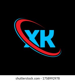 XK X K letter logo design. Initial letter XK linked circle uppercase monogram logo red and blue. XK logo, X K design. xk, x k