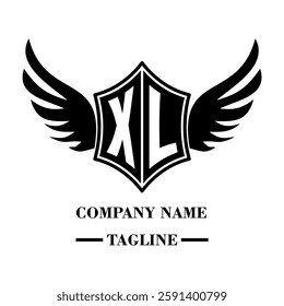 XL bold shield logo with wings, customizable with letters A to Z. Perfect for brands seeking a powerful symbol of strength, freedom, and ambition