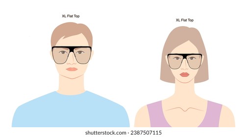 XL Flat Top Frame Brille auf Frauen und Männer flache Charakter Accessoires Illustration. Sonnenbrillen-Vorderansicht im unisex-Silhouettenstil, Felgenbrille, Skizzenriss im Objektiv einzeln