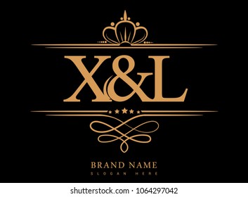 X&L Initial logo, Ampersand initial logo gold with crown and classic pattern