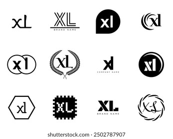 XL logo company template. Letter x and l logotype. Set different classic serif lettering and modern bold text with design elements. Initial font typography. Collection trendy business identity.