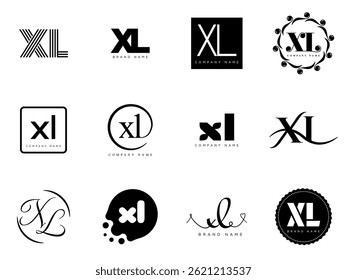 XL logo company template. Letter x and l logotype. Set different classic serif lettering and modern bold text with design elements. Initial font typography. Collection trendy business identity.