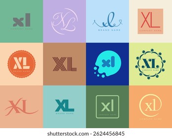 XL logo company template. Letter x and l logotype. Set different classic serif lettering and modern bold text with design elements. Initial font typography. Collection trendy business identity.