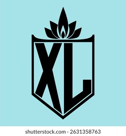 XL Logo featuring a minimalist design with a crown-like flower symbol on top, bold black elements, and a soft blue background, perfect for branding and modern visual identity.