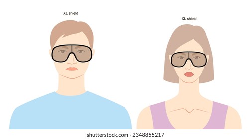 Lentes de marco de escudo XL para mujeres y hombres de carácter plano ilustración de accesorios de moda. Vista frontal de vidrio solar estilo de silueta unisex, anteojos de gafas de gafas, contorno de estilo de boceto aislado en blanco
