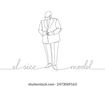 XL size model, man in suite one line art. Continuous line drawing of body positive, overweight, plus size model, XL, health, fashion, self acceptance with inscription, lettering, handwritten.