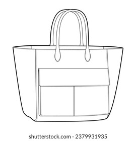 XL Tote Bag with front flap 3D pocket and extra-large proportions. Fashion accessory technical illustration. Vector satchel front 3-4 view for Men, women style, flat handbag CAD mockup sketch outline