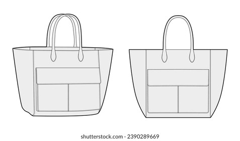 XL Tote Bag with front flap 3D pocket and extra-large proportions. Fashion accessory technical illustration. Vector satchel front 3-4 view for Men, women, unisex style, flat handbag CAD mockup sketch