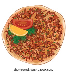 xLahmacun turkish delicious pizza with minced beef or lamb meat, paprika, tomatoes, cumin spice, parsley  vector