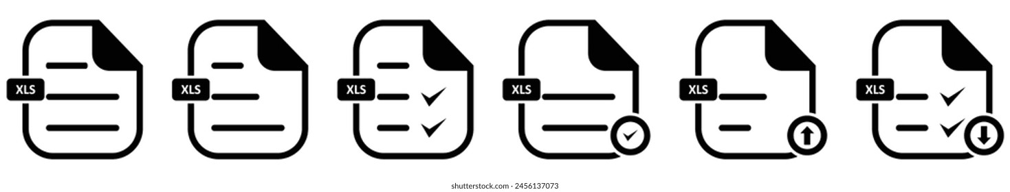 XLS file format icon set in line style. Format information, Document text, Xls file download.