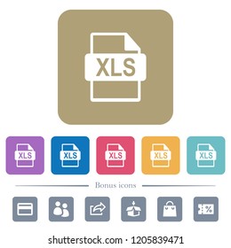 XLS file format white flat icons on color rounded square backgrounds. 6 bonus icons included