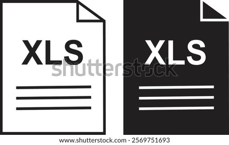 XLS file icon set. XLS file type symbol. File XLS format icon in black filled and outlined style isolated on transparent background. Ideal for technology or data related content, vector illustration.