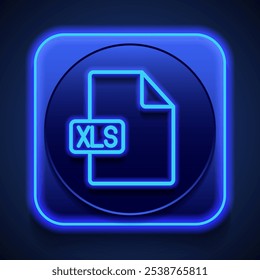 XLS file simple icon vector. Flat design. Blue neon style on button. With shadow.ai