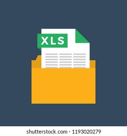 XLS  Spreadsheet Document File Format Flat Icon. Vector Illustration. File in a Folder