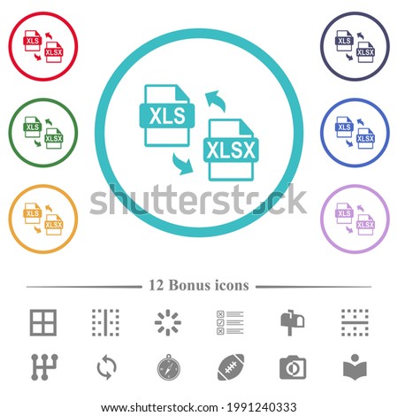 XLS XLSX file conversion flat color icons in circle shape outlines. 12 bonus icons included.