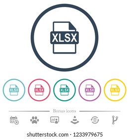 XLSX file format flat color icons in round outlines. 6 bonus icons included.