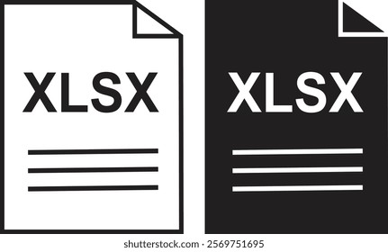 XLSX icon set. XLSX file type symbol. File XLSX format icon in black filled and outlined style isolated on transparent background. Ideal for technology or data related content, vector illustration.