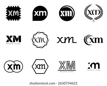 Modelo da empresa de logotipo XM. Letra x e m logotipos. Defina diferentes letras serifas clássicas e texto em negrito moderno com elementos de design. Tipografia inicial da fonte. Coleção de identidade de negócios na moda.