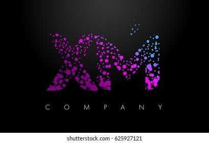 XM X M Letter Logo with Purple Blue Particles and Bubble Dots Design Vector.