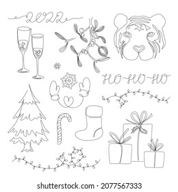 Xmas 2022 design elements collection in continuous one line drawing style. Set with Christmas tree, tiger head, mistletoe, gifts, lights, and champagne goblets. Modern vector illustration.