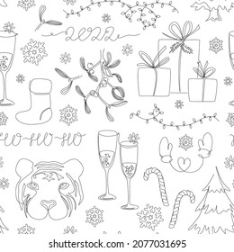 Xmas 2022 seamless pattern in continuous one line drawing style. Christmas tree, tiger head, mistletoe, gifts, lights, and champagne goblets. Modern vector illustration.