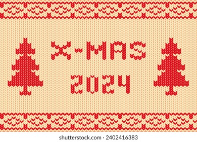 X-mas 2024 Delicately Crafted In Festive Red And Beige Yarn, Knitted Text Exudes Holiday Warmth, Promising Joy