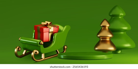 Xmas 3d composition with green sleigh, red gift box and metallic tree behind circular podium - festive winter scene with golden decorative elements. Christmas holiday promotion and seasonal display.