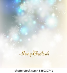 Xmas abstract  elegant shine background with snowflakes.  Merry Christmas gold lettering on the light glimmered greeting card.