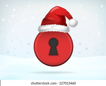 Xmas access padlock covered with Santa cap vector illustration