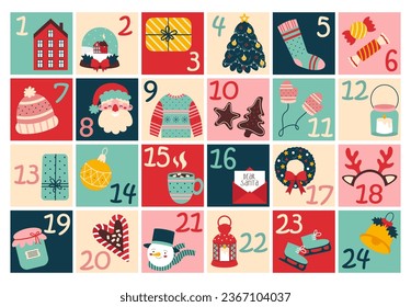 Xmas advent calendar for children. Countdown to Christmas with numbers. Cute winter illustration for card, poster, kid room decor, nursery art.