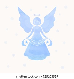 Xmas Angel silhouette and nimbus. Beautiful Flying angel with scroll and Merry Christmas text on a Watercolor blue background with snowflakes. Isolated Angel silhouette with simple wings and halo.
