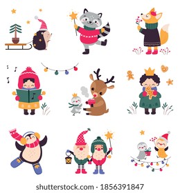 Xmas Animals Cartoon Characters Collection, Merry Christmas and Happy New Year Holidays Vector Illustration